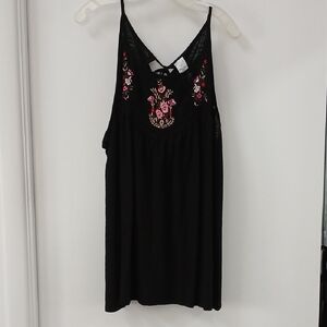 Time and Tru Black Tank Top with Pink and Cream Floral Embroidery